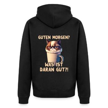 Guten Morgen, was ist daran gut?! Lustiger Spruch - Unisex Premium Bio Zip Hoodie - Schwarz - Hinten - Nico (187cm)