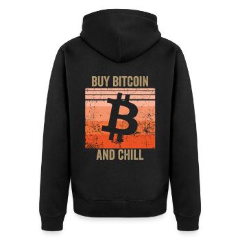 Buy Bitcoin and Chill - Unisex Premium Bio Zip Hoodie - Schwarz - Hinten - Nico (187cm)