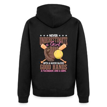 Unterschätze niemals ein Softball-Mädchen - Unisex Premium Bio Zip Hoodie - Schwarz - Hinten - Nico (187cm)