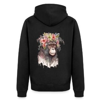 Cute Monkey Flower Crown Floral Watercolor - Unisex Premium Bio Zip Hoodie - Schwarz - Hinten - Nico (187cm)