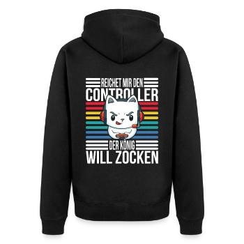 Gaming Cat Reichet mir den Controller - Unisex Premium Bio Zip Hoodie - Schwarz - Hinten - Nico (187cm)