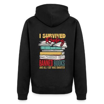 Ich habe das Lesen verbotener Bücher überlebtI - Unisex Premium Bio Zip Hoodie - Schwarz - Hinten - Nico (187cm)