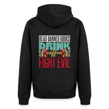 Read Banned Books Drink Coffee - Unisex Premium Organic Zip Hoodie - black - Back - Nico (187cm)