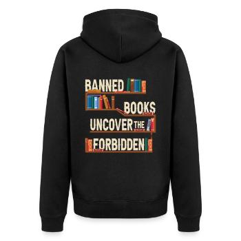 Banned Books Uncover The Forbidden - Unisex Premium Organic Zip Hoodie - black - Back - Nico (187cm)