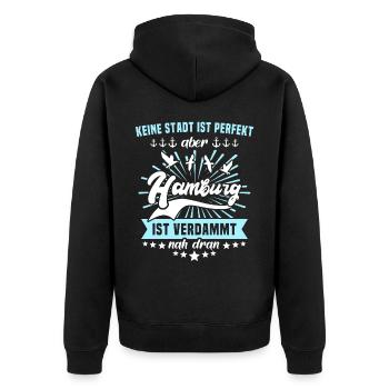 Lustige Hamburg Sprüche - Unisex Premium Bio Zip Hoodie - Schwarz - Hinten - Nico (187cm)