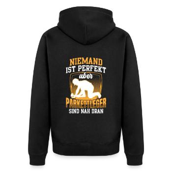 Parkettleger ist nicht perfekt Fußbodenleger - Unisex Premium Bio Zip Hoodie - Schwarz - Hinten - Nico (187cm)