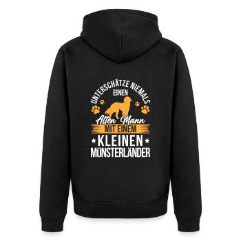 Alter Mann mit einem Kleiner Münsterländer - Unisex Premium Bio Zip Hoodie - Schwarz - Hinten - Nico (187cm)