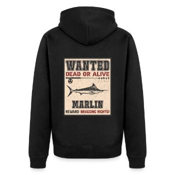 Gesuchte Fisch - Marlin Fischerei - Unisex Premium Bio Zip Hoodie - Schwarz - Hinten - Nico (187cm)