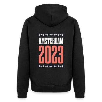 Amsterdam 2023 - Unisex Premium Organic Zip Hoodie - black - Back - Nico (187cm)