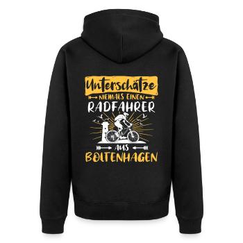 Boltenhagen Fahrradfahrer Boltenhagener - Unisex Premium Bio Zip Hoodie - Schwarz - Hinten - Nico (187cm)
