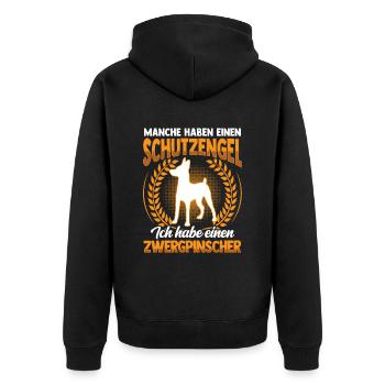 Zwergpinscher ist mein Schutzengel Pinscher - Unisex Premium Bio Zip Hoodie - Schwarz - Hinten - Nico (187cm)