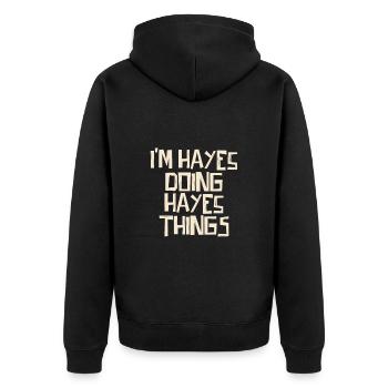 I'm Hayes doing Hayes things - Unisex Premium Bio Zip Hoodie - Schwarz - Hinten - Nico (187cm)
