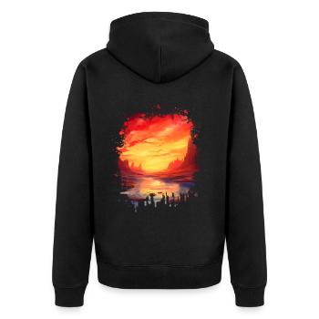 Malerische Fantasy-Landschaft: Sonnenuntergang - Unisex Premium Bio Zip Hoodie - Schwarz - Hinten - Nico (187cm)