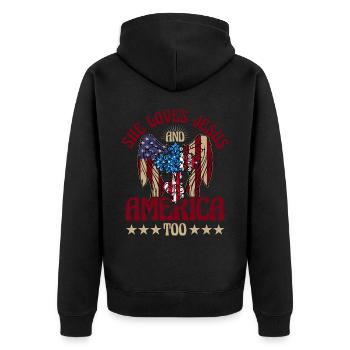 She loves jesus and America too - Unisex Premium Bio Zip Hoodie - Schwarz - Hinten - Nico (187cm)