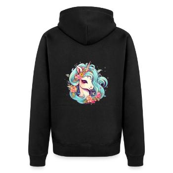 Comic Einhorn mit Blumen im Haar - Unisex Premium Bio Zip Hoodie - Schwarz - Hinten - Nico (187cm)