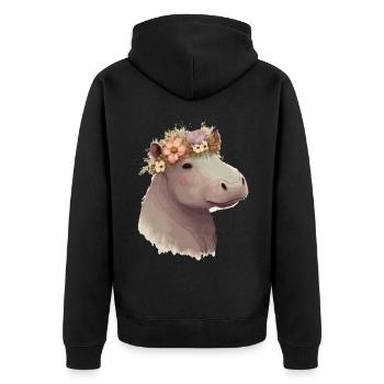 Floral Hippotamus Flower Crown Exotic Animal Lover - Unisex Premium Bio Zip Hoodie - Schwarz - Hinten - Nico (187cm)