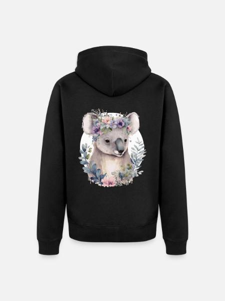 Akwarela Koala Bear Flower Crown Floral - Ekologiczna rozpinana bluza z kapturem Premium unisex - czarny
