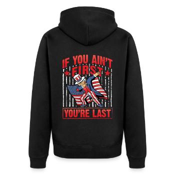If you ain't first you're last 4th july - Unisex Premium Bio Zip Hoodie - Schwarz - Hinten - Nico (187cm)