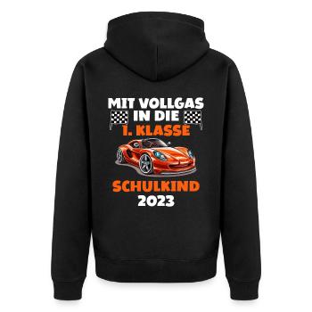 Mit Vollgas in 1. Klasse Endlich Schulkind 2023 - Unisex Premium Bio Zip Hoodie - Schwarz - Hinten - Nico (187cm)