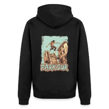 Parkour Le Parcour Freerunning Extremsport - Unisex Premium Bio Zip Hoodie - Schwarz - Hinten - Nico (187cm)