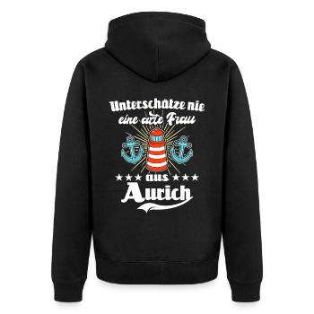 Aurich Frau Auricherin - Unisex Premium Bio Zip Hoodie - Schwarz - Hinten - Nico (187cm)