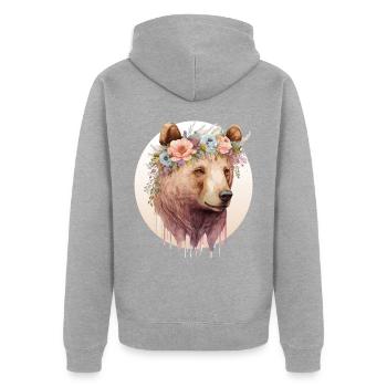 Aquarelle Brun Ours Grizzly Fleur Couronne Sauvage An - Veste à capuche bio Premium Unisexe - gris chiné - Dos - Nico (187cm)