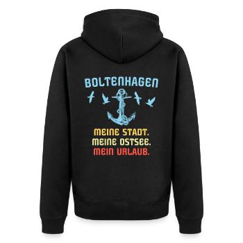 Boltenhagen Sprüche Boltenhagener Spruch - Unisex Premium Bio Zip Hoodie - Schwarz - Hinten - Nico (187cm)