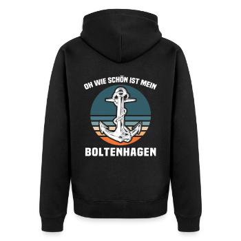 Boltenhagen Sprüche Boltenhagener Spruch - Unisex Premium Bio Zip Hoodie - Schwarz - Hinten - Nico (187cm)