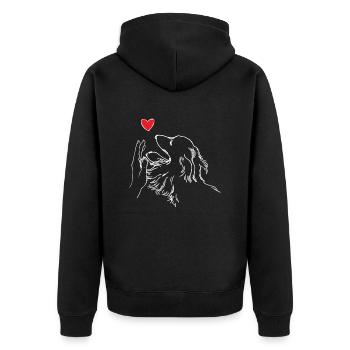 Langhaardackel Herz Hand Dackel gibt High Five - Unisex Premium Bio Zip Hoodie - Schwarz - Hinten - Nico (187cm)