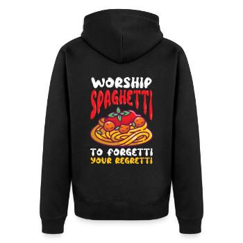 Fliegendes Spaghettimonster FSM Pastafarian - Unisex Premium Bio Zip Hoodie - Schwarz - Hinten - Nico (187cm)