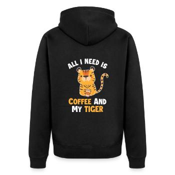 Coffee and my Tiger Königstiger Wildkatze - Unisex Premium Bio Zip Hoodie - Schwarz - Hinten - Nico (187cm)