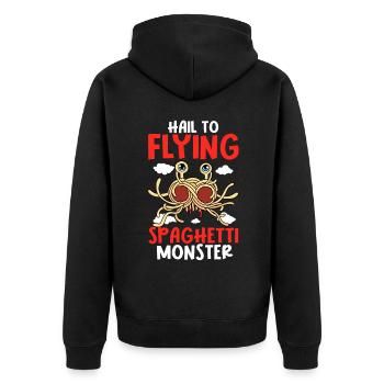 FSM Pastafarian - Unisex Premium Bio Zip Hoodie - Schwarz - Hinten - Nico (187cm)