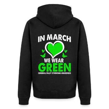 In March we wear Green Cerebral Palsy Syndrome - Unisex Premium Organic Zip Hoodie - black - Back - Nico (187cm)