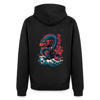 Asiatisch Drache Anime Japanisch Meer Samurai - Unisex Premium Bio Zip Hoodie - Schwarz - Hinten - Nico (187cm)