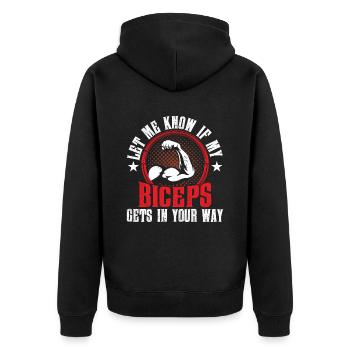 Sag Mir Bescheid Wenn Mein Bizeps Dir Im Weg Ist - Unisex Premium Bio Zip Hoodie - Schwarz - Hinten - Nico (187cm)