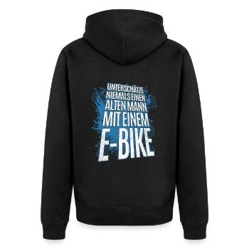 Unterschätze nie einen älteren Mann mit E-Bike - Unisex Premium Bio Zip Hoodie - Schwarz - Hinten - Nico (187cm)