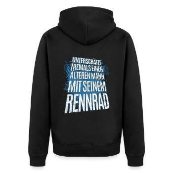 Unterschätze nie einen älteren Mann mit Rennrad - Unisex Premium Bio Zip Hoodie - Schwarz - Hinten - Nico (187cm)