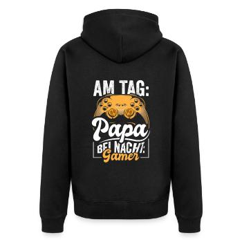 Am Tag Papa bei Nacht Gamer - Unisex Premium Bio Zip Hoodie - Schwarz - Hinten - Nico (187cm)
