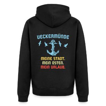 Ueckermünde Sprüche Ueckermünder Spruch - Unisex Premium Bio Zip Hoodie - Schwarz - Hinten - Nico (187cm)