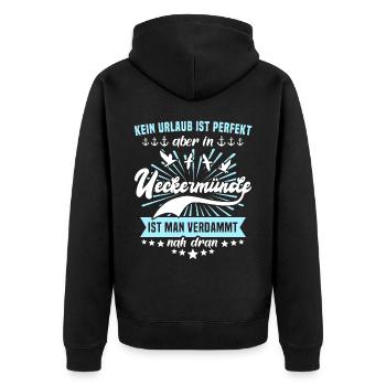 Ueckermünde Sprüche Ueckermünder Spruch - Unisex Premium Bio Zip Hoodie - Schwarz - Hinten - Nico (187cm)