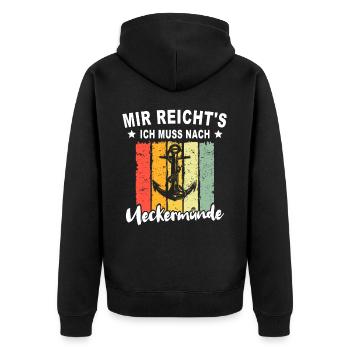 Ueckermünde Sprüche Ueckermünder Spruch - Unisex Premium Bio Zip Hoodie - Schwarz - Hinten - Nico (187cm)