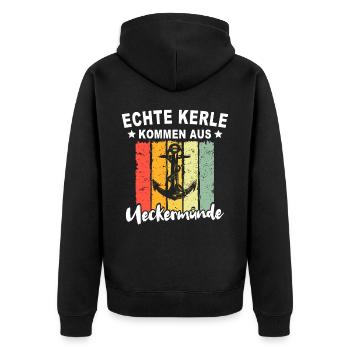 Ueckermünde Sprüche Ueckermünder Spruch - Unisex Premium Bio Zip Hoodie - Schwarz - Hinten - Nico (187cm)