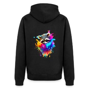 Bunter Waschbär mit Farbklecksen - Unisex Premium Bio Zip Hoodie - Schwarz - Hinten - Nico (187cm)