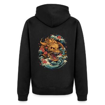 Asiatisch Drache Anime Japanisch Meer Wellen - Unisex Premium Bio Zip Hoodie - Schwarz - Hinten - Nico (187cm)