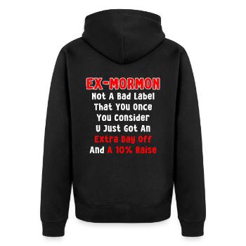 Post-Mormon Exmo - Unisex Premium Organic Zip Hoodie - black - Back - Nico (187cm)