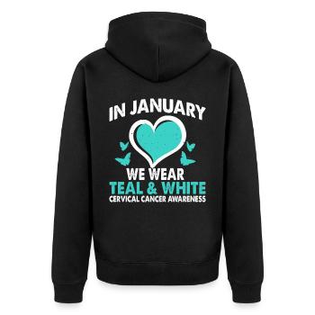 Im Januar Tragen Wir Teal & White - Unisex Premium Bio Zip Hoodie - Schwarz - Hinten - Nico (187cm)