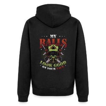 Meine Kugeln Sehen Gut Aus, Auf Deinem Gesicht - Unisex Premium Bio Zip Hoodie - Schwarz - Hinten - Nico (187cm)