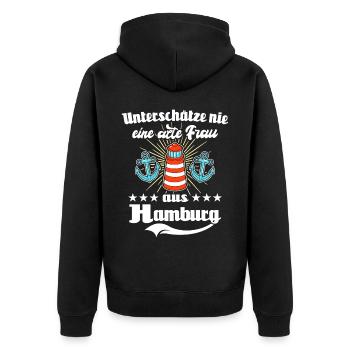 Hamburg Frau Hamburgerin - Unisex Premium Bio Zip Hoodie - Schwarz - Hinten - Nico (187cm)