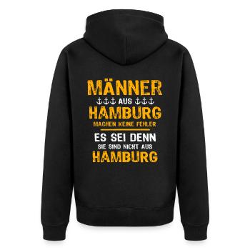 Hamburg Mann Hamburger Männer - Unisex Premium Bio Zip Hoodie - Schwarz - Hinten - Nico (187cm)