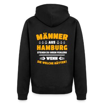 Hamburg Mann Hamburger - Unisex Premium Bio Zip Hoodie - Schwarz - Hinten - Nico (187cm)